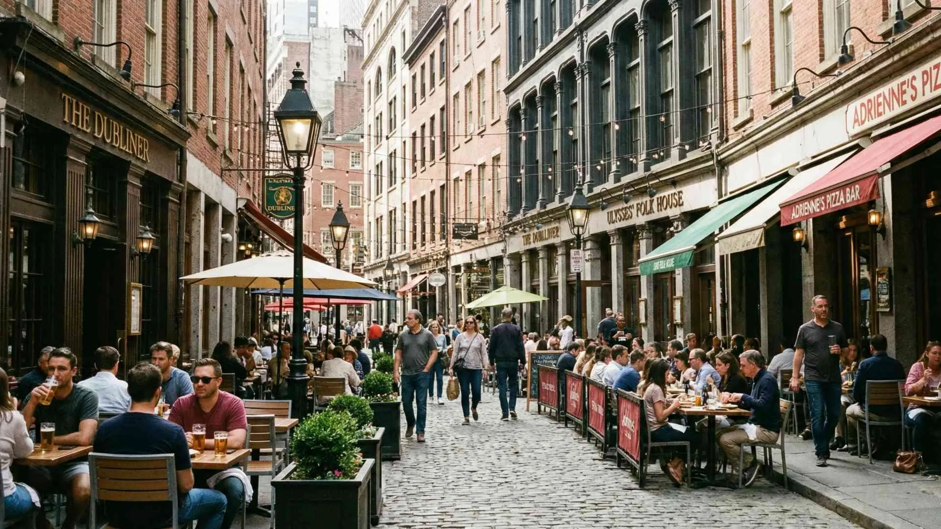 A cobblestone street lined with pub patios and outdoor tables